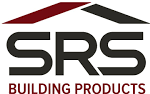 Logo of SRS Building Products with stylized roof graphic in red and black above bold letters.